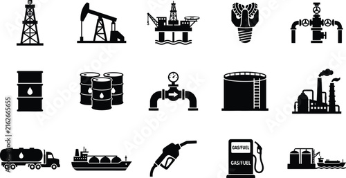 Oil industry icons set with petroleum extraction, refinery, transportation, and production symbols