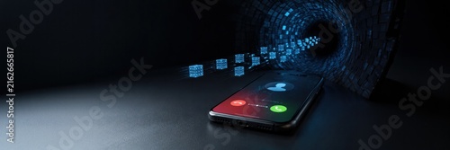 Incoming smartphone call connected to digital data tunnel, communication security concept for website banner