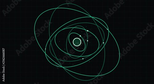 фотографія Green atomic orbital rings with central core on grid background