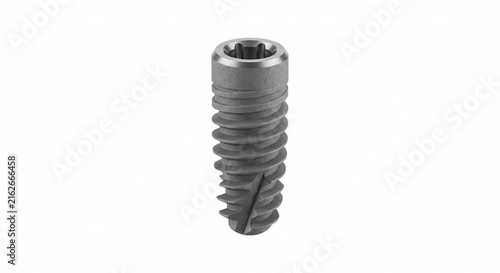 Macro photograph of a titanium dental implant screw. Features self-tapping threads and a porous sandblasted surface. Medical prosthetic hardware isolated on a pure white background.