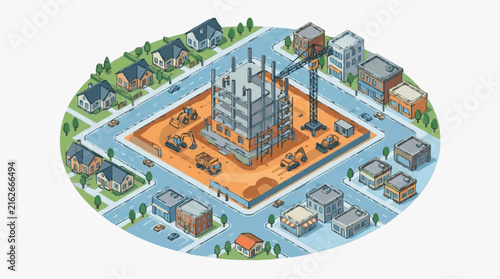 Creative Isometric of Urban Construction Site Surrounded by Residential Buildings and Modern Infrastructure