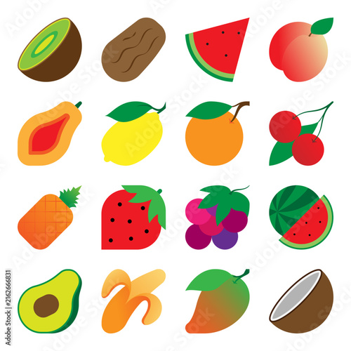 Colorful flat vector illustration set of fresh tropical and garden fruits isolated on white background. Perfect for food menu, stickers, icons, nutrition, and healthy lifestyle design