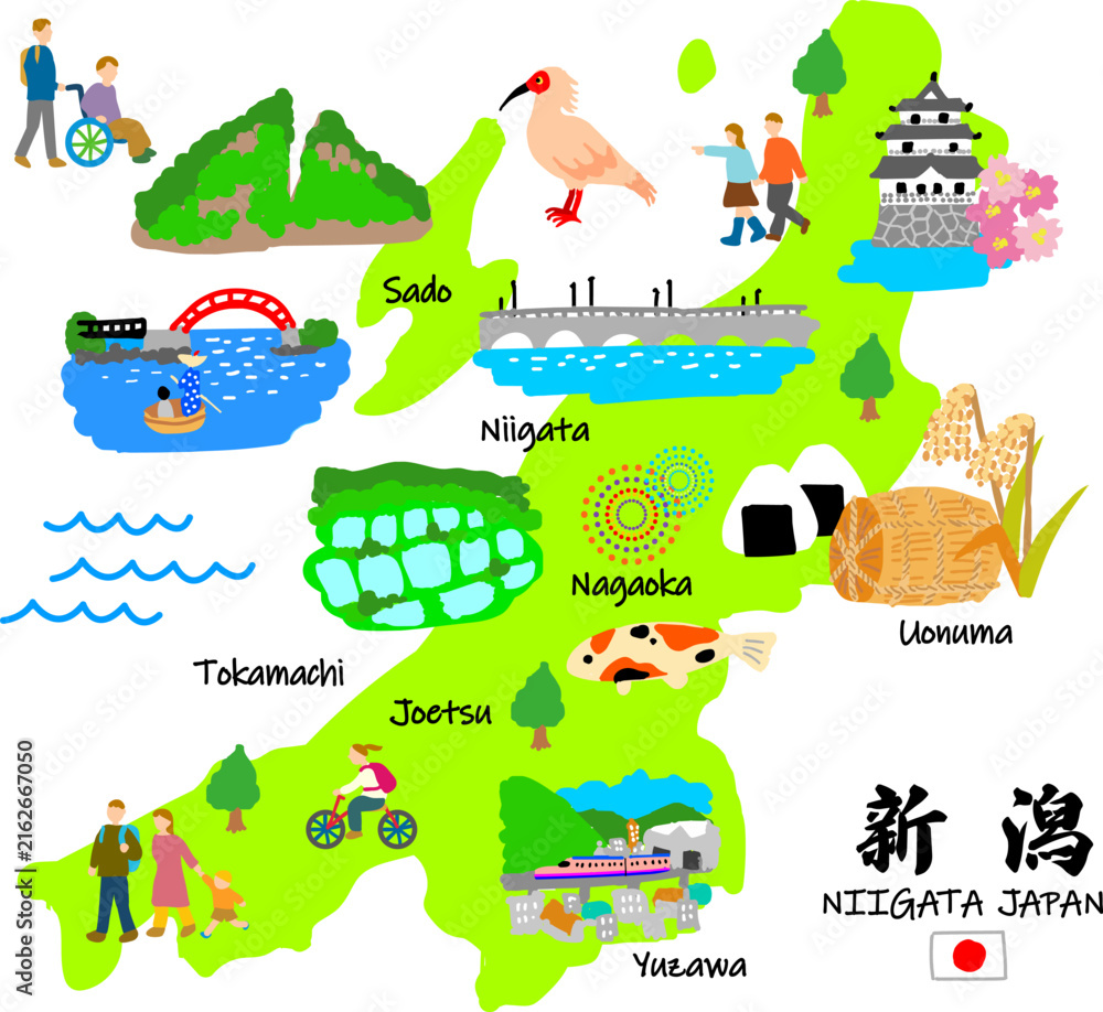 Naklejka premium 新潟県旅行、手描きの観光スポットと観光客フラットイラスト