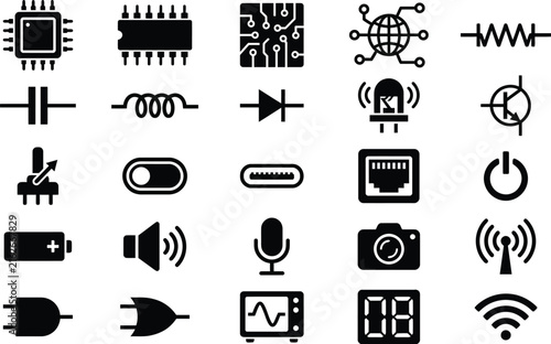 Electronics icons set with microprocessor circuit board resistor capacitor diode transistor and components