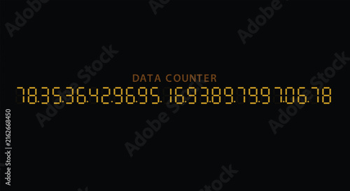 Gold digital seven segment data counter display on black