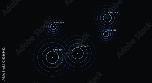 Blue multiple concentric ping radar targets with labels on black