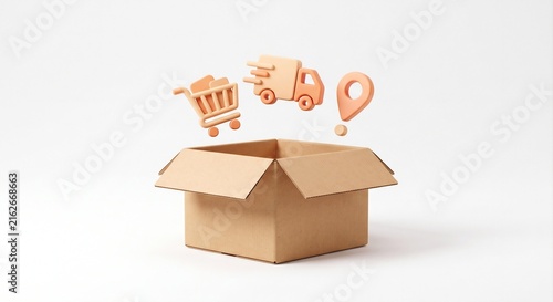 3D Render of Cardboard Delivery Box with Shopping Cart Icon and Location Pin, Online Shopping Concept