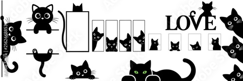 Cute black cat sticker set with peeking kittens window frames and love text vector silhouette