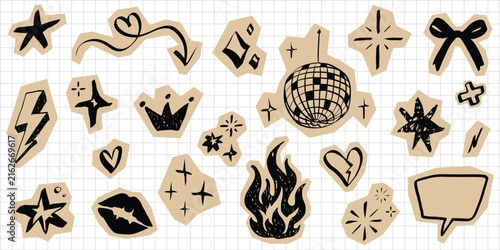 Scrapbook paper cutouts featuring hand drawn hearts, sparkles, and lightning bolts. Y2K aesthetic sticker elements perfect for journals, notebooks, and vintage collages.