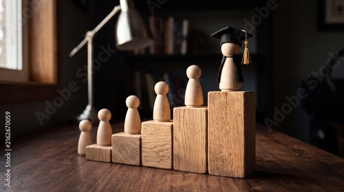 Wooden peg doll with graduation mortarboard on ascending wooden blocks, representing academic achievement, professional career growth and the rising champion.