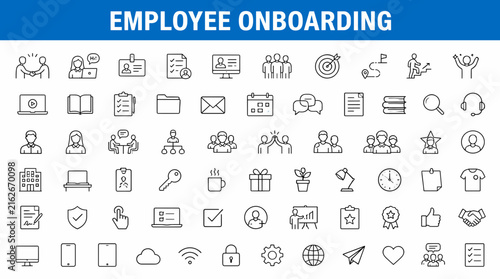 Employee onboarding process and new hire introduction icons.