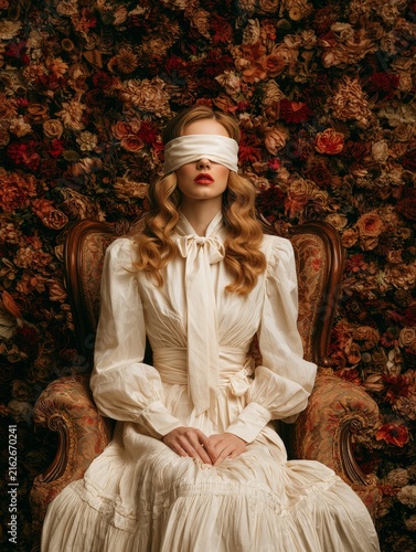 A young woman sits in an English armchair against a backdrop of flowers, her eyes hidden by a blindfold 