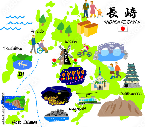 長崎県旅行、観光スポットと観光客手描きフラットイラスト