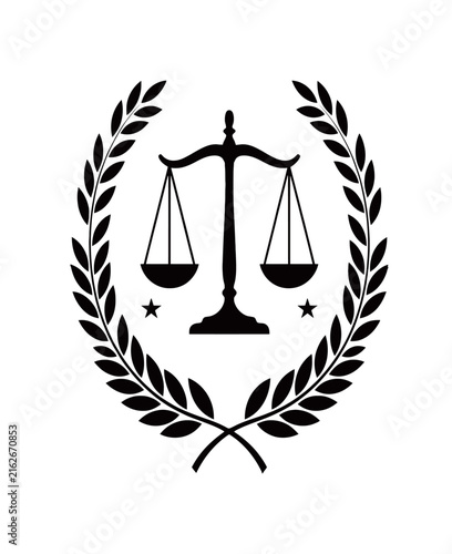 Scales of justice emblem with laurel wreath and stars black silhouette vector iconKeyword