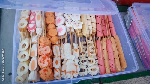 Konstfotografi Assorted Asian Street Food Skewers with Fish Cakes, Sausages, and Dumplings in C