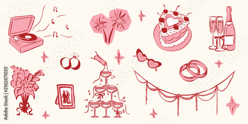 Whimsical coquette wedding elements. Vintage cute symbols with ribbon and bow in simple chalk sketch style. Trendy art for Valentine day and bachelorette invitations. Doodle vector illustration