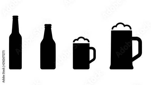 Set of beer glass mugs with foam and alcohol bottles black silhouette vector icons