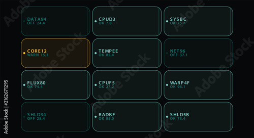 Grid of system status panels with module labels and values