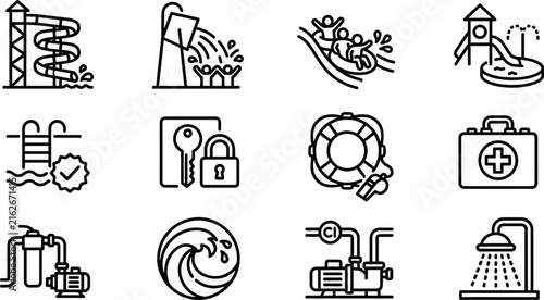Foto Water park and swimming pool amenities line vector icon set with water slide splash bucket locker wave and pump equipment