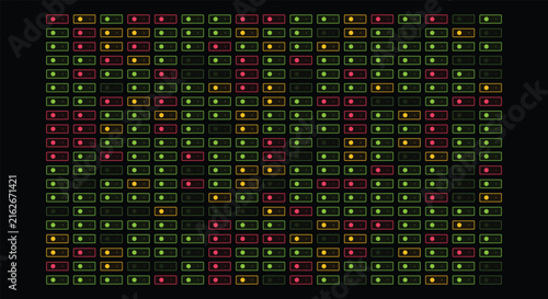 Dense grid of small rectangular status indicators with colored dots