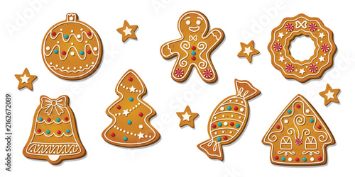 Christmas Gingerbread cookies for xmas celebration. Winter homemade biscuits with sweet icing details in festive shapes isolated on white background. Festive ornament vector illustration