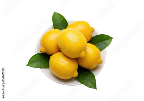 Bowl of fresh yellow lemons with green leaves isolated on transparent background