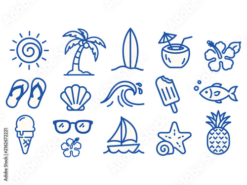 Summer Beach Icon Set Doodle Vector Illustration.