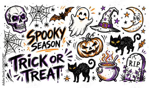 Spooky Halloween doodles featuring pumpkins, bats, ghosts, witches, black cats, tombstones, spider webs, and haunted elements in a fun hand-drawn style.