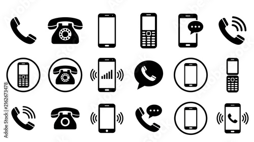 Minimalist phone icon set featuring mobile devices and classic telephone symbols.