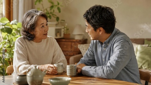 Two people have a conversation while sitting at a table with cups in a bright room filled with plants during the afternoon
