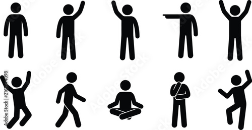 Pictogram human figures showing various poses and actions black silhouettes