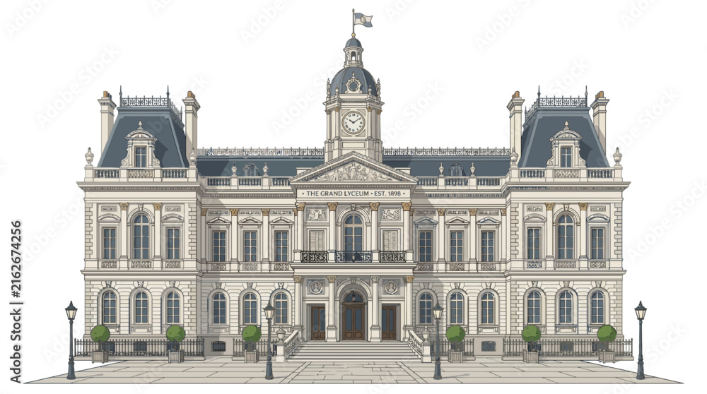 Obraz premium European mansion building elevation vector with mansard roof and classical columns