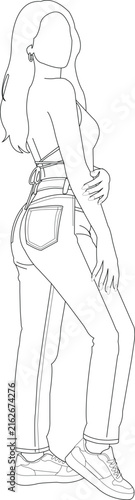 Stylish Young Woman in Jeans and Backless Top Line Art Illustration