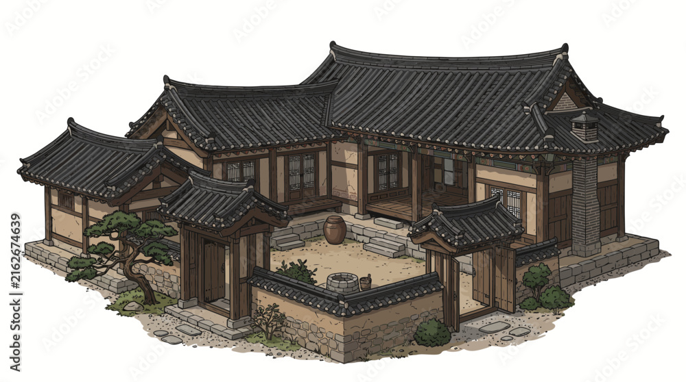 Fototapeta premium Isometric Korean traditional house with courtyard pine trees and tiled roof