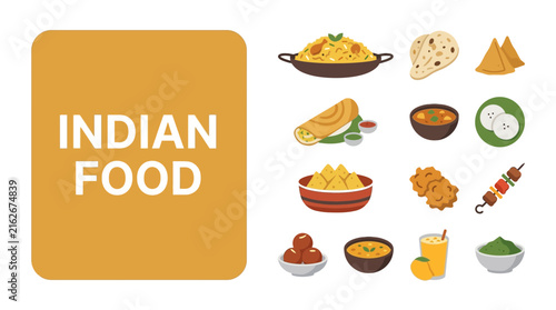 Traditional Indian Cuisine Vector Illustration Set with Various Popular Dishes.