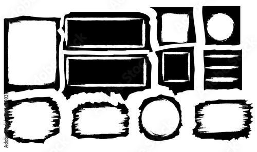 Black grunge frames and borders vector brush strokes set isolated on white background.