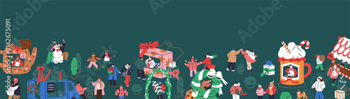 Merry Christmas banner design with tiny people celebrating winter holiday outdoors. Xmas festive seasonal market, New Year fair border, panoramic horizontal background. Flat vector illustration.