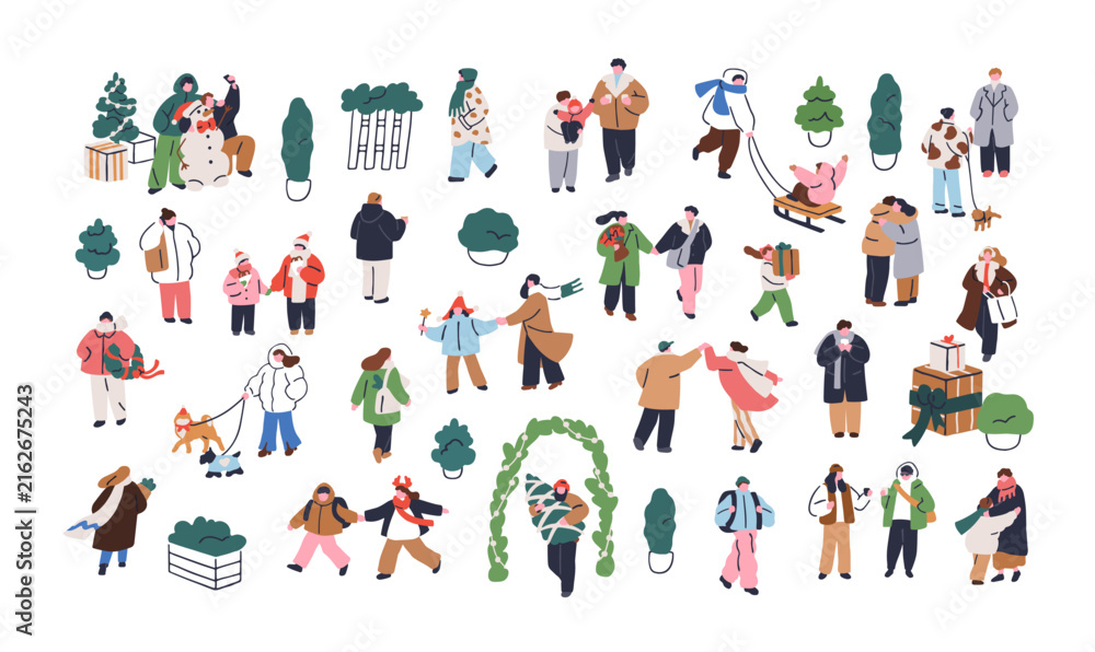 Fototapeta premium Tiny people shopping at Christmas market, winter holiday fair. Seasonal Xmas, New Year bazaar with outdoor stalls, festive booths, street kiosks. Flat vector illustration isolated on white background.