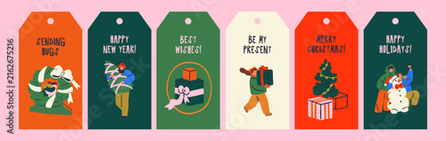 Christmas gift tags set. Xmas labels with tiny people, fir tree, snowman and present boxes. Happy New Year designs with festive scenes, holiday greeting phrases, lettering. Flat vector illustrations.