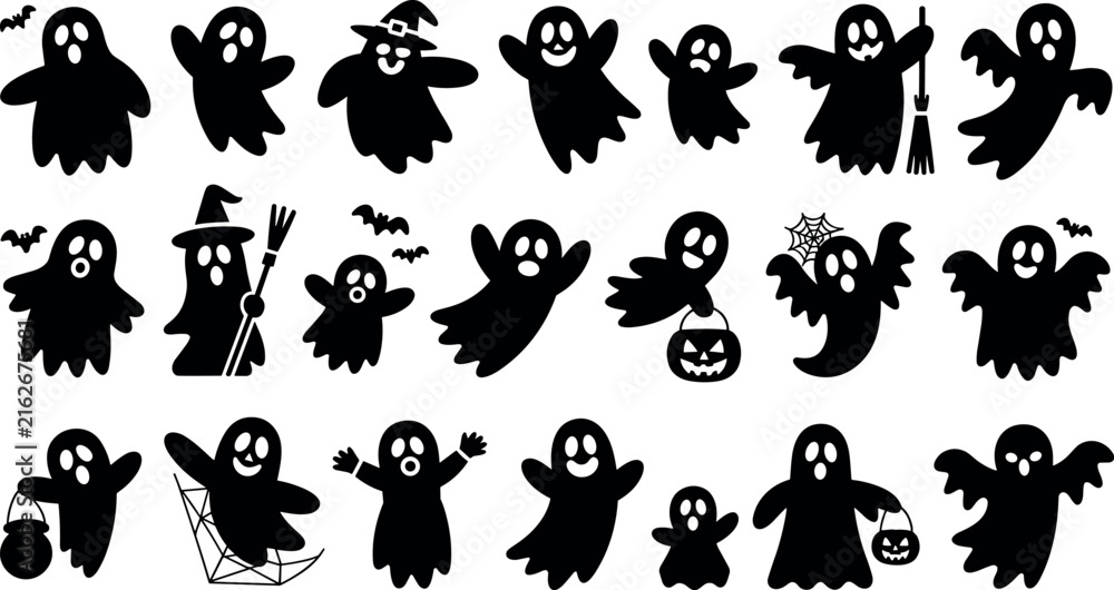 Obraz premium Set of Halloween ghost silhouettes with spooky characters, witch hats, pumpkins, and bats vector illustration