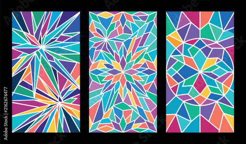 Colorful Geometric Abstract Panels with Vibrant Stained Glass Mosaic and Kaleidoscope Pattern