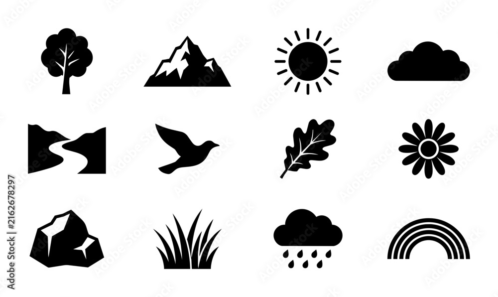 Fototapeta premium Nature Icons Set, 12 Vector Elements for Environmental Design, Landscape Graphics, Outdoor Themes, and Eco Concepts