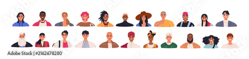 Face avatars, portraits of diverse person, woman and man characters set. Diff...
