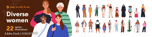 Woman characters, diverse women, girls. Happy young and old women, female characters. Diverse different girls, kid student, business worker, person with disability. Isolated flat vector illustrations.