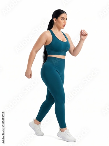 Confident woman walking in athletic gear with balanced arm pose against white background for fitness and wellness content