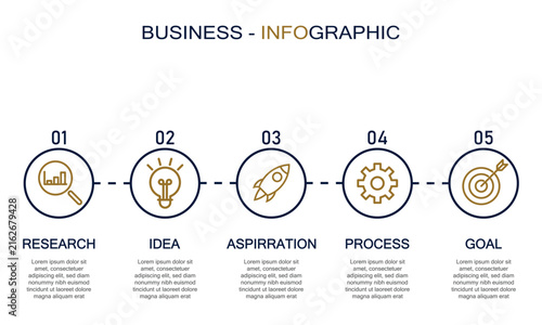 Business infographic template with 5 step process and circle icons.