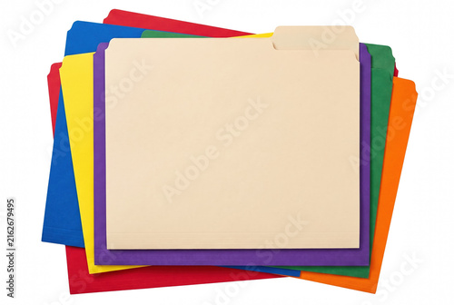Foto Stack of Colorful Office File Folders with Manila Folder on Top