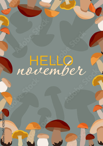 Hello November autumn poster with mushrooms and colorful fall leaves