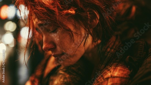 Tearful woman with red hair in a dimly lit urban environment, head bowed in sorrow