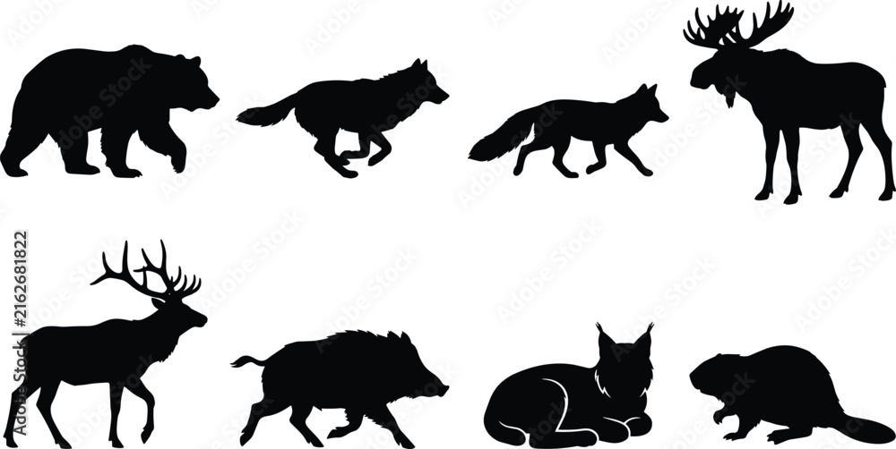 Obraz premium Woodland Animal Silhouette Icons Featuring Bear, Moose, Deer, and More